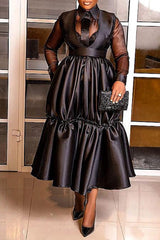 Elegant Solid Color Lapel Sheer Mesh Stitching Long Sleeve A-Line Maxi Dress