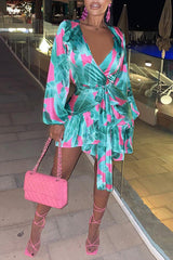 Feminine Print Satin V-Neck Lace-Up Ruffle Long Sleeve Mini Dress