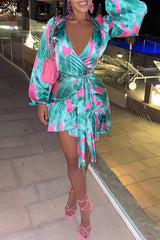 Feminine Print Satin V-Neck Lace-Up Ruffle Long Sleeve Mini Dress