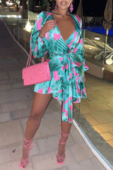 Feminine Print Satin V-Neck Lace-Up Ruffle Long Sleeve Mini Dress