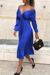 Temperament V-Neck Long Sleeve Satin Solid Color Pleated Midi Dress