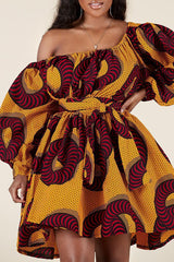 Fashion One Shoulder Puff Sleeve A-Line Lace-Up Print Mini Dress