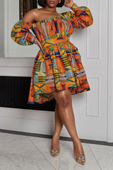 Fashion One Shoulder Puff Sleeve A-Line Lace-Up Print Mini Dress