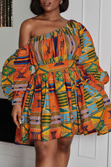 Fashion One Shoulder Puff Sleeve A-Line Lace-Up Print Mini Dress