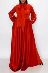 Elegant Lace-Up Neck Long Sleeve Beaded Plus Size Maxi Dress