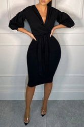 Elegant Solid Color V-neck Half Sleeve Slim Fit Midi Dress