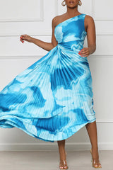 Elegant One Shoulder Pleated Sleeveless Waist Cutout Print Maxi Dress