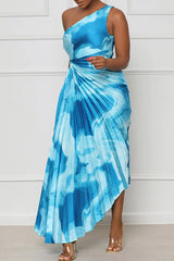 Elegant One Shoulder Pleated Sleeveless Waist Cutout Print Maxi Dress