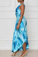 Elegant One Shoulder Pleated Sleeveless Waist Cutout Print Maxi Dress