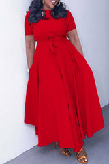 Classic Solid Color Short Sleeve Lace-Up A-Line Maxi Dress