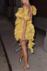Chic Backless Sleeveless Ruffle Asymmetric Solid Color Mini Dress