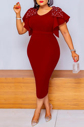 Commuter Bows Ruffle Short Sleeve Solid Color Slim Fit Midi Dress