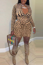 Sexy Zip Long Sleeve Slim Fit Geometric Print Mini Dress
