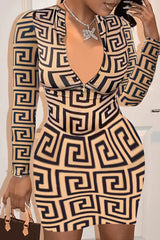 Sexy Zip Long Sleeve Slim Fit Geometric Print Mini Dress