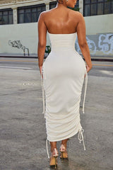Fashion Bandeau Solid Color Sleeveless Pocket Drawstring Slim Fit Maxi Dress