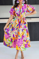 Romantic Print Puff Sleeve Shirt Collar Lace-Up Maxi Dress