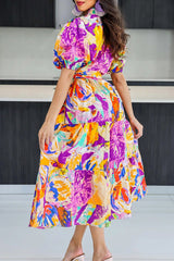 Romantic Print Puff Sleeve Shirt Collar Lace-Up Maxi Dress
