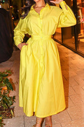Simple Single Breasted Solid Color Long Sleeve Shirt Maxi Dress