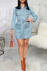 Temperament Pocket Single Breasted Lace-Up Slim Denim Mini Dress