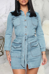 Temperament Pocket Single Breasted Lace-Up Slim Denim Mini Dress