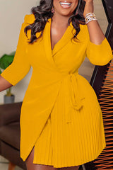 Elegant 3/4 Length Sleeve Lapel Lace-Up Asymmetric Pleated Mini Dress