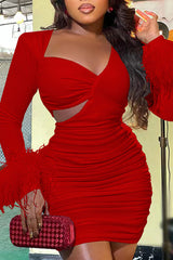 Sexy Long Sleeve Feather Decoration Cutout Slim Fit Solid Color Mini Dress