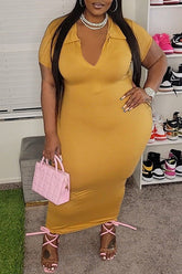 Comfortable Short Sleeve Solid Color Polo Neck Slim Fit Plus Size Maxi Dress