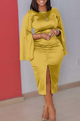 Elegant Satin Solid Color Slit Long Sleeve Round Neck Slim Fit Midi Dress