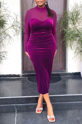 Feminine Mesh Stitching Long Sleeve Slim Fit Velour Solid Color Midi Dress