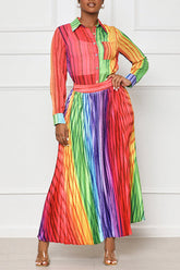 Trendy Iridescent Stripe Print Long Sleeve Shirt Collar Pleated Maxi Dress