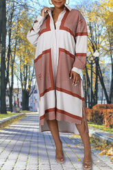 Temperament Geometric Print Long Sleeve Shirt Collar Midi Dress Without Belt