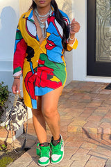Fashion Casual Printed Long Sleeve Loose Shirt Dress