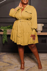 Round Neck Single Breasted Blouse Large Long Sleeve Pleated Dress