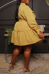 Round Neck Single Breasted Blouse Large Long Sleeve Pleated Dress