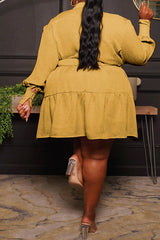 Round Neck Single Breasted Blouse Large Long Sleeve Pleated Dress