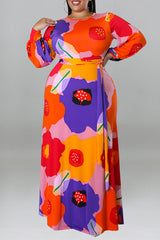 Fashion Long Sleeve Big Flower Print Dress