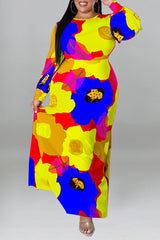 Fashion Long Sleeve Big Flower Print Dress