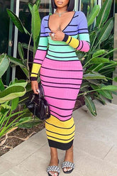 Fashion Color Contrast Striped Body Dress