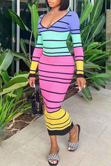 Fashion Color Contrast Striped Body Dress