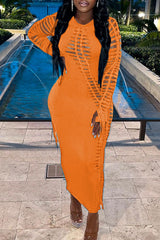 New Round Neck Personality Burnt Flower Braided Long Sleeve Lace Up Sexy Dress