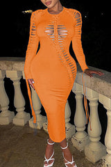 New Round Neck Personality Burnt Flower Braided Long Sleeve Lace Up Sexy Dress