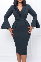 New V-neck Temperament Elegant Flared Sleeves Split Hip Dress