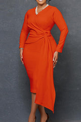Fashion Plus Size V Neck Long Sleeve Elegant Pencil Skirt Dress