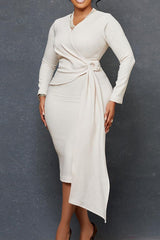 Fashion Plus Size V Neck Long Sleeve Elegant Pencil Skirt Dress