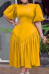 Fashion Plus Size Pleated Puff Sleeve Dress