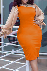 Fashion Long Sleeve Tie Colorblock Dress