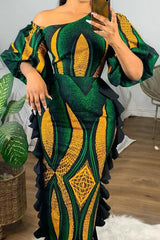 Fashion Agaric Side Waist Bag Hip Sloping Shoulder Lantern Sleeve Dress