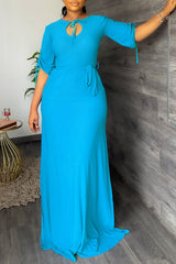 Solid Color Mid-Length Sleeve Elegant High Slit Drawstring Long Dress