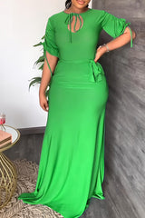 Solid Color Mid-Length Sleeve Elegant High Slit Drawstring Long Dress