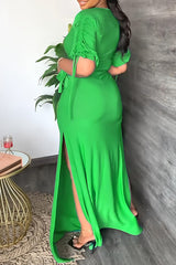 Solid Color Mid-Length Sleeve Elegant High Slit Drawstring Long Dress